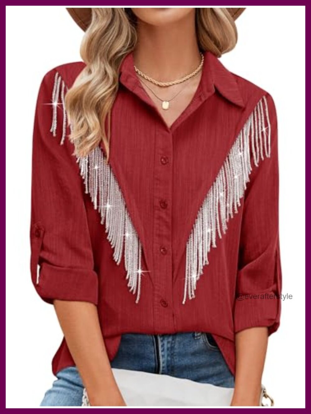 Rhinestone Fringe Button Down Western Cowgirl Concert Shirt